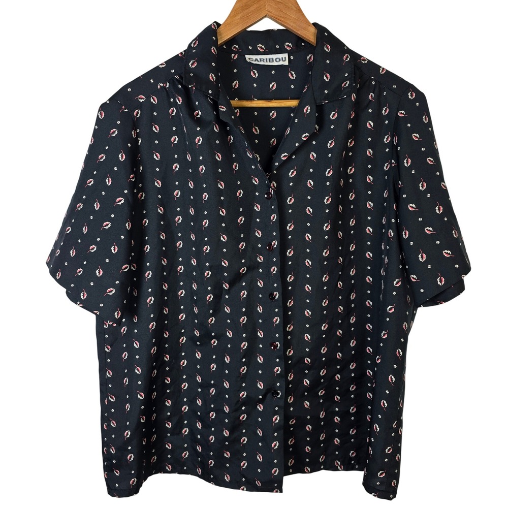Vintage Caribou Black Floral Print Button Up Short Sleeve Blouse Women's Size XL